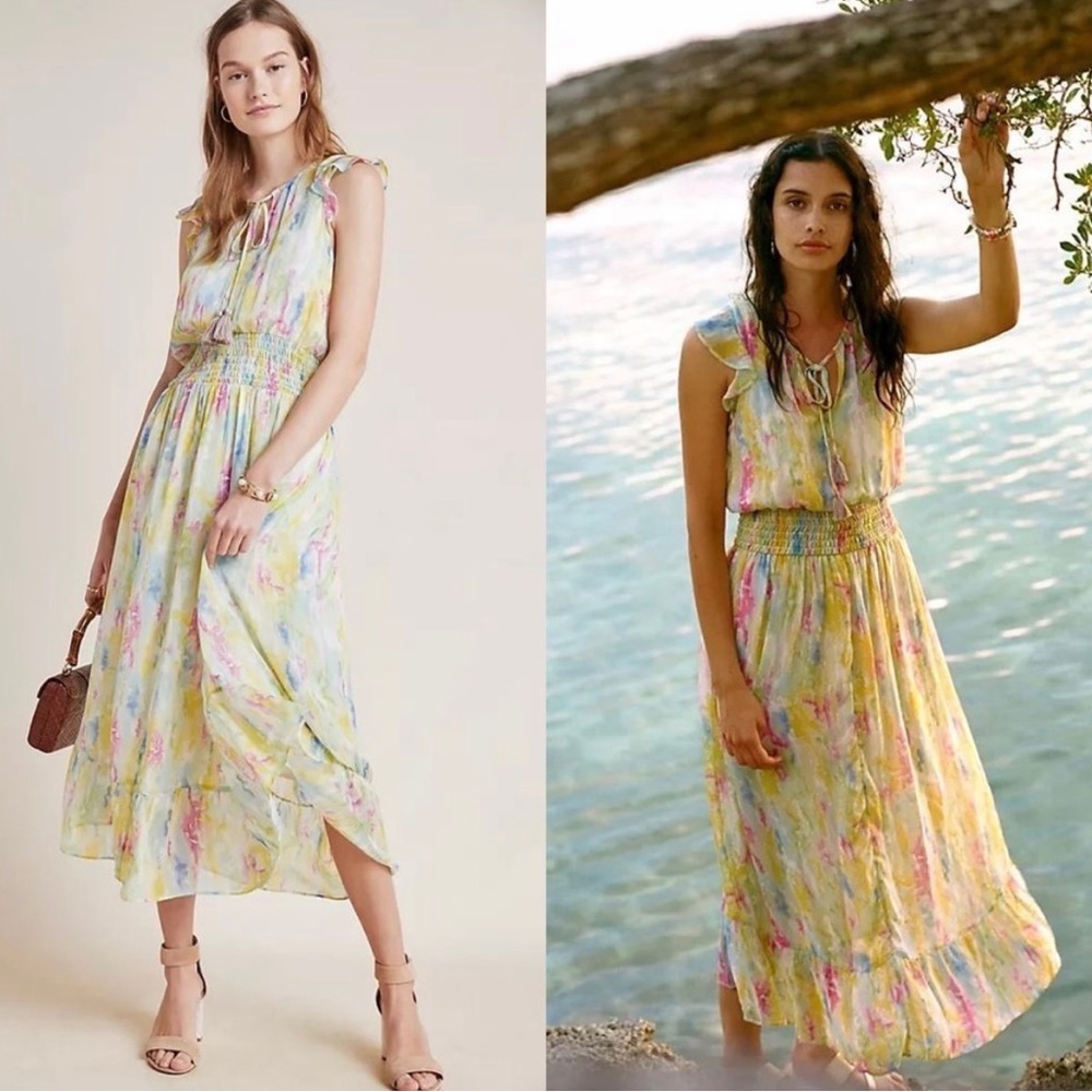 Anthropologie Watercolor Smocked Tassel Maxi Dress